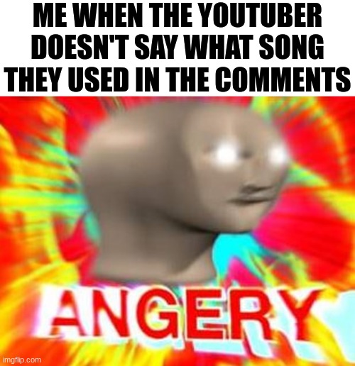 It gets me so annoyed sometimes... | ME WHEN THE YOUTUBER DOESN'T SAY WHAT SONG THEY USED IN THE COMMENTS | image tagged in surreal angery,youtube,nooo,bruh,memes,relatable | made w/ Imgflip meme maker