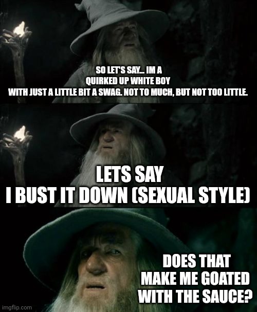 Confused Gandalf | SO LET'S SAY... IM A QUIRKED UP WHITE BOY
WITH JUST A LITTLE BIT A SWAG. NOT TO MUCH, BUT NOT TOO LITTLE. LETS SAY I BUST IT DOWN (SEXUAL STYLE); DOES THAT MAKE ME GOATED WITH THE SAUCE? | image tagged in memes,confused gandalf | made w/ Imgflip meme maker