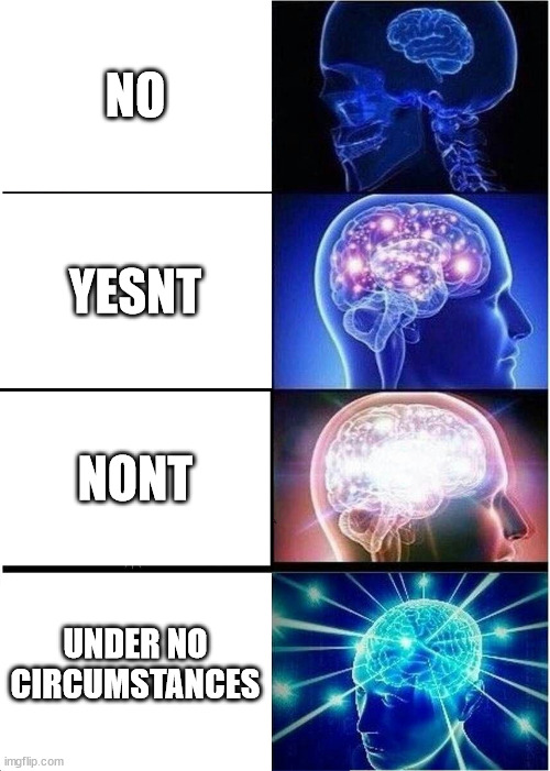 Yesnt | NO; YESNT; NONT; UNDER NO CIRCUMSTANCES | image tagged in memes,expanding brain,well yes but actually no,what,funny memes,lol so funny | made w/ Imgflip meme maker