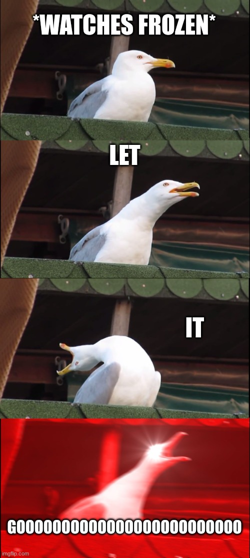 Inhaling Seagull | *WATCHES FROZEN*; LET; IT; GOOOOOOOOOOOOOOOOOOOOOOOOO | image tagged in memes,inhaling seagull | made w/ Imgflip meme maker