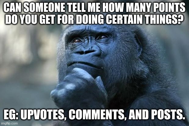 any help? | CAN SOMEONE TELL ME HOW MANY POINTS DO YOU GET FOR DOING CERTAIN THINGS? EG: UPVOTES, COMMENTS, AND POSTS. | image tagged in deep thoughts | made w/ Imgflip meme maker