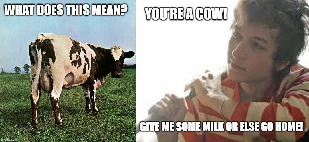 Pink Floyd Bob Dylan Mr.Jones | YOU'RE A COW! WHAT DOES THIS MEAN? GIVE ME SOME MILK OR ELSE GO HOME! | image tagged in pink floyd,atom heart mother,cow,bob dylan,mr jones | made w/ Imgflip meme maker