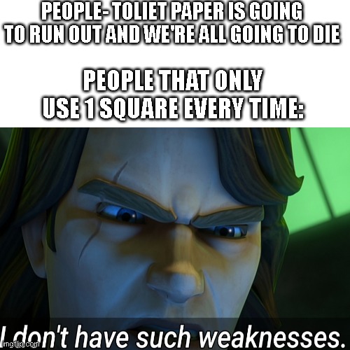 Toliet stocks going brrrrrr | PEOPLE- TOLIET PAPER IS GOING TO RUN OUT AND WE'RE ALL GOING TO DIE; PEOPLE THAT ONLY USE 1 SQUARE EVERY TIME: | image tagged in memes,funny,what,fun,anakin skywalker | made w/ Imgflip meme maker