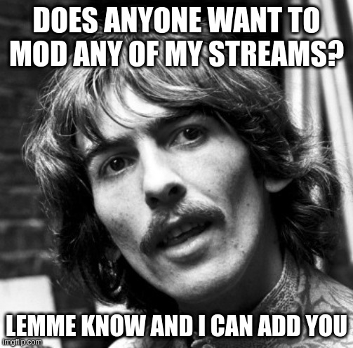 Hi George | DOES ANYONE WANT TO MOD ANY OF MY STREAMS? LEMME KNOW AND I CAN ADD YOU | image tagged in hi george | made w/ Imgflip meme maker