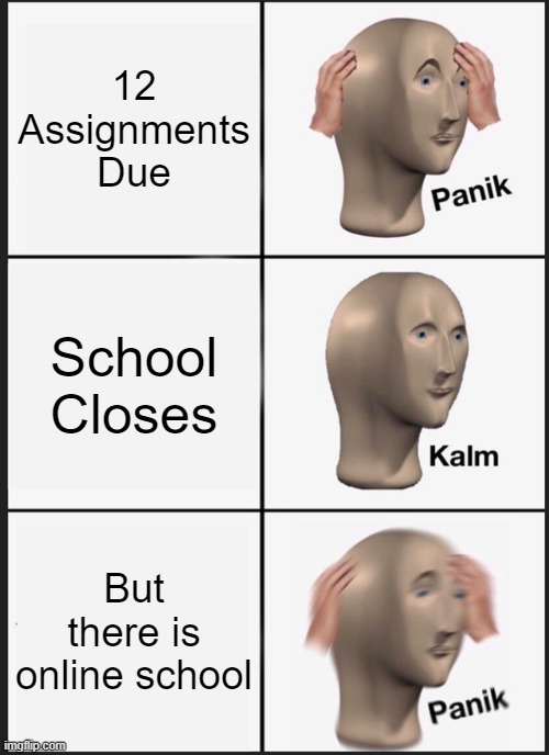 Panik Kalm Panik | 12 Assignments Due; School Closes; But there is online school | image tagged in memes,panik kalm panik | made w/ Imgflip meme maker