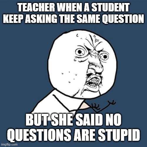 Teachers be like | TEACHER WHEN A STUDENT KEEP ASKING THE SAME QUESTION; BUT SHE SAID NO QUESTIONS ARE STUPID | image tagged in memes,y u no | made w/ Imgflip meme maker