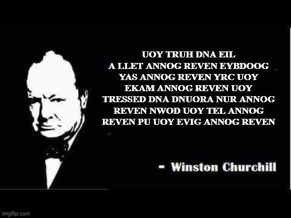 Churchill | UOY TRUH DNA EIL A LLET ANNOG REVEN EYBDOOG YAS ANNOG REVEN YRC UOY EKAM ANNOG REVEN UOY TRESSED DNA DNUORA NUR ANNOG REVEN NWOD UOY TEL ANNOG REVEN PU UOY EVIG ANNOG REVEN | image tagged in churchill,winston churchill,funny memes | made w/ Imgflip meme maker