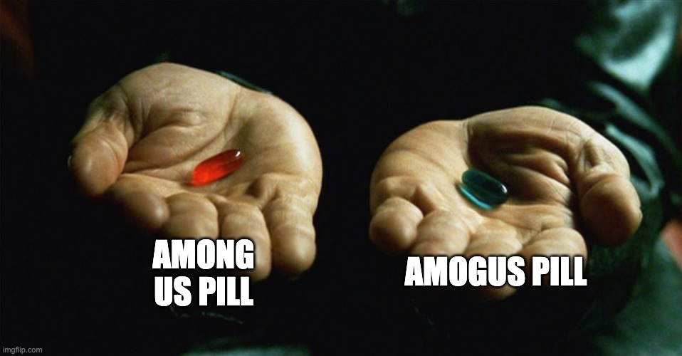 Red pill blue pill | AMONG US PILL; AMOGUS PILL | image tagged in red pill blue pill | made w/ Imgflip meme maker