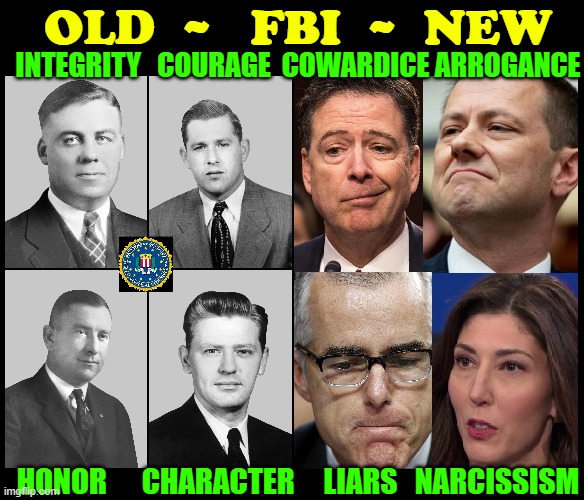 When I was a kid the FBI were heroes. Now, they're filthy scum | OLD  ~   FBI  ~  NEW; INTEGRITY   COURAGE  COWARDICE ARROGANCE; HONOR      CHARACTER     LIARS   NARCISSISM | image tagged in vince vance,fbi,heroes,criminals,memes,peter strzok | made w/ Imgflip meme maker