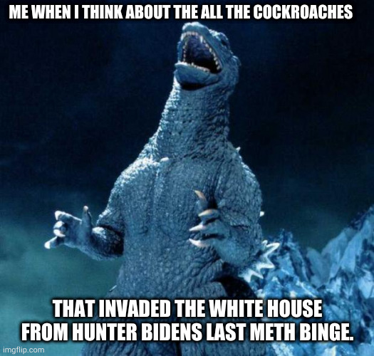 Laughing Godzilla | ME WHEN I THINK ABOUT THE ALL THE COCKROACHES; THAT INVADED THE WHITE HOUSE FROM HUNTER BIDENS LAST METH BINGE. | image tagged in laughing godzilla | made w/ Imgflip meme maker