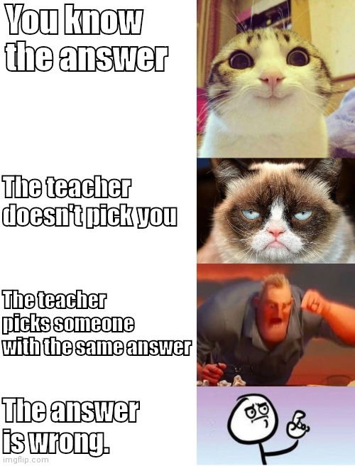 School MeMes | You know the answer; The teacher doesn't pick you; The teacher picks someone with the same answer; The answer is wrong. | image tagged in blank white template | made w/ Imgflip meme maker