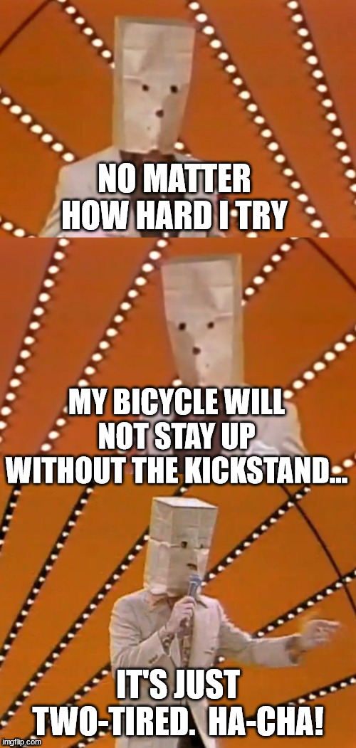 Bad pun unknown comic | NO MATTER HOW HARD I TRY; MY BICYCLE WILL NOT STAY UP WITHOUT THE KICKSTAND... IT'S JUST TWO-TIRED.  HA-CHA! | image tagged in bad pun unknown comic | made w/ Imgflip meme maker