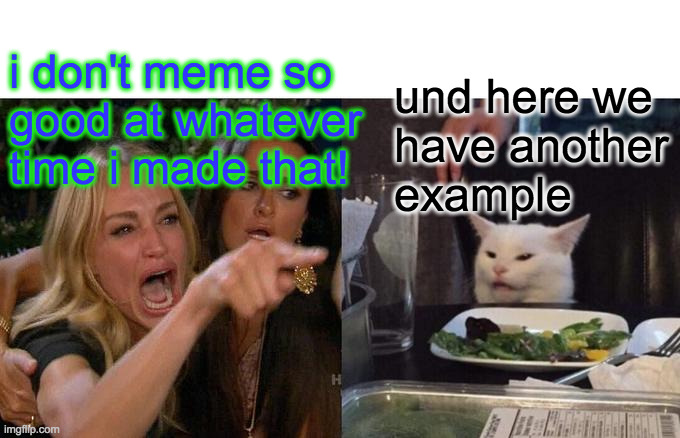 Woman Yelling At Cat Meme | i don't meme so
good at whatever time i made that! und here we
have another
example | image tagged in memes,woman yelling at cat | made w/ Imgflip meme maker
