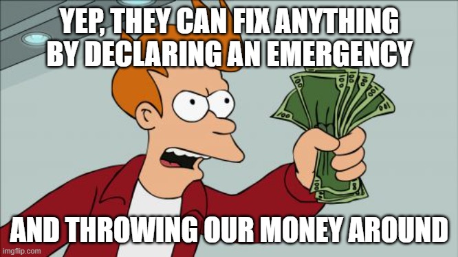 Shut Up And Take My Money Fry Meme | YEP, THEY CAN FIX ANYTHING BY DECLARING AN EMERGENCY AND THROWING OUR MONEY AROUND | image tagged in memes,shut up and take my money fry | made w/ Imgflip meme maker