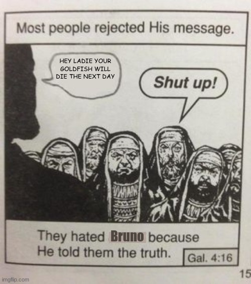 They hated Jesus meme | HEY LADIE YOUR GOLDFISH WILL DIE THE NEXT DAY; Bruno | image tagged in bruno | made w/ Imgflip meme maker