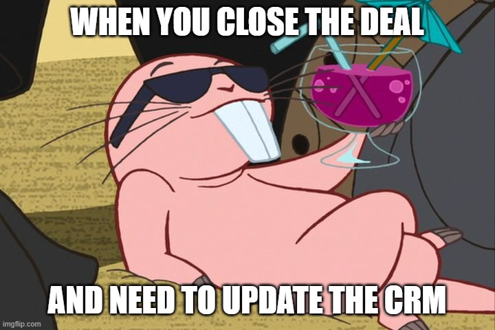 CRM | WHEN YOU CLOSE THE DEAL; AND NEED TO UPDATE THE CRM | image tagged in rufus kim possible chill | made w/ Imgflip meme maker