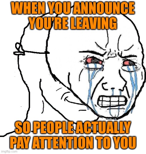 wojak mask | WHEN YOU ANNOUNCE YOU’RE LEAVING; SO PEOPLE ACTUALLY PAY ATTENTION TO YOU | image tagged in wojak mask | made w/ Imgflip meme maker