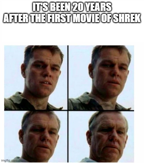 Matt Damon gets older | IT'S BEEN 20 YEARS AFTER THE FIRST MOVIE OF SHREK | image tagged in matt damon gets older | made w/ Imgflip meme maker