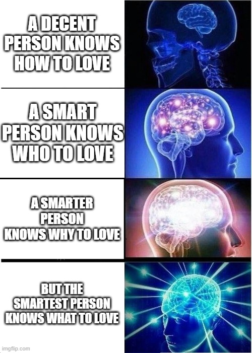Expanding Brain | A DECENT PERSON KNOWS HOW TO LOVE; A SMART PERSON KNOWS WHO TO LOVE; A SMARTER PERSON KNOWS WHY TO LOVE; BUT THE SMARTEST PERSON KNOWS WHAT TO LOVE | image tagged in memes,expanding brain | made w/ Imgflip meme maker
