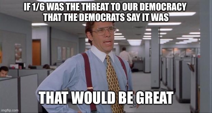That Would Be Great | IF 1/6 WAS THE THREAT TO OUR DEMOCRACY 
THAT THE DEMOCRATS SAY IT WAS THAT WOULD BE GREAT | image tagged in that would be great | made w/ Imgflip meme maker