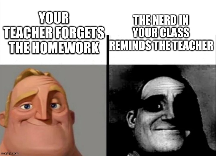 Good day in school until... | THE NERD IN YOUR CLASS REMINDS THE TEACHER; YOUR TEACHER FORGETS THE HOMEWORK | image tagged in teacher's copy | made w/ Imgflip meme maker