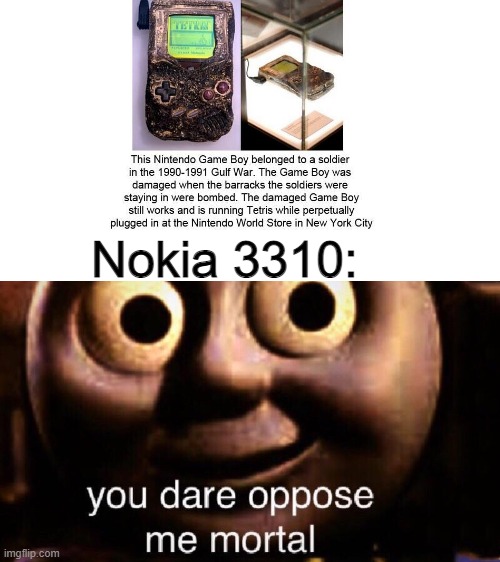 You dare oppose me mortal |  Nokia 3310: | image tagged in you dare oppose me mortal,nokia 3310 | made w/ Imgflip meme maker