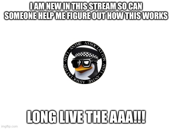 Blank White Template | I AM NEW IN THIS STREAM SO CAN SOMEONE HELP ME FIGURE OUT HOW THIS WORKS; LONG LIVE THE AAA!!! | image tagged in blank white template | made w/ Imgflip meme maker