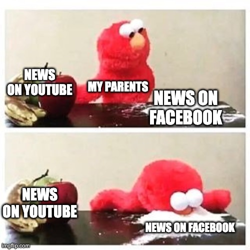 *High pitched demonic screeching* | NEWS ON YOUTUBE; MY PARENTS; NEWS ON FACEBOOK; NEWS ON YOUTUBE; NEWS ON FACEBOOK | image tagged in elmo cocaine,memes,truth,funny | made w/ Imgflip meme maker