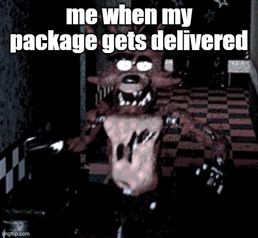 Foxy running | me when my package gets delivered | image tagged in foxy running | made w/ Imgflip meme maker