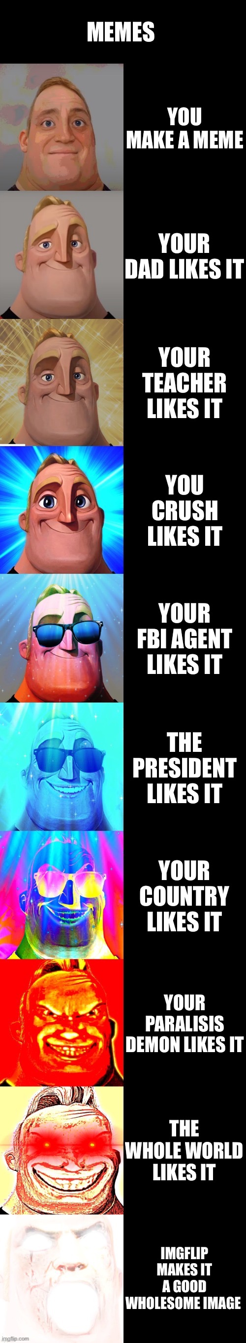 Do you like it? | MEMES; YOU MAKE A MEME; YOUR DAD LIKES IT; YOUR TEACHER LIKES IT; YOU CRUSH LIKES IT; YOUR FBI AGENT LIKES IT; THE PRESIDENT LIKES IT; YOUR COUNTRY LIKES IT; YOUR PARALISIS DEMON LIKES IT; THE WHOLE WORLD LIKES IT; IMGFLIP MAKES IT A GOOD WHOLESOME IMAGE | image tagged in mr incredible becoming canny | made w/ Imgflip meme maker