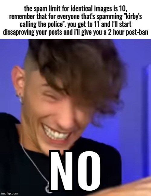 i dont want to do it but i have to. it's what the rules say. | the spam limit for identical images is 10, remember that for everyone that's spamming "kirby's calling the police". you get to 11 and I'll start dissaproving your posts and i'll give you a 2 hour post-ban | image tagged in joel m no | made w/ Imgflip meme maker
