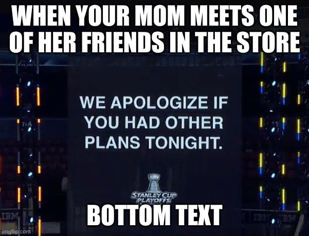 Sorry |  WHEN YOUR MOM MEETS ONE OF HER FRIENDS IN THE STORE; BOTTOM TEXT | image tagged in other plans,your mom,that moment when | made w/ Imgflip meme maker