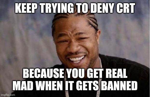Keep denying it all you want, we all know it goes on. Crack pipes, VPs and Justices. Democrats are the party of racists. | KEEP TRYING TO DENY CRT; BECAUSE YOU GET REAL MAD WHEN IT GETS BANNED | image tagged in memes,yo dawg heard you | made w/ Imgflip meme maker