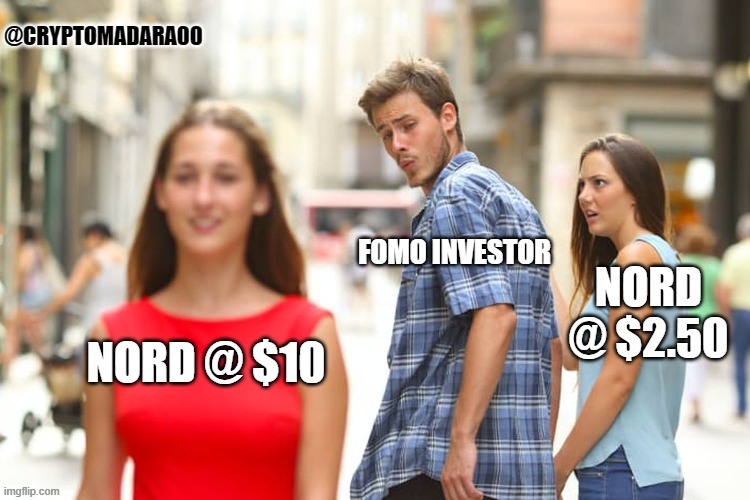 When moon? | @CRYPTOMADARA00 | image tagged in memes,nord finance,nord,cryptocurrency,decentralized finance,guy looking at other girl | made w/ Imgflip meme maker
