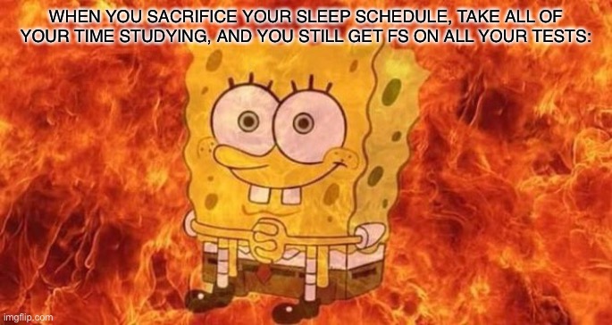 Meme | WHEN YOU SACRIFICE YOUR SLEEP SCHEDULE, TAKE ALL OF YOUR TIME STUDYING, AND YOU STILL GET FS ON ALL YOUR TESTS: | image tagged in spongebob sitting in fire,memes,school,relatable,stress,spongebob | made w/ Imgflip meme maker