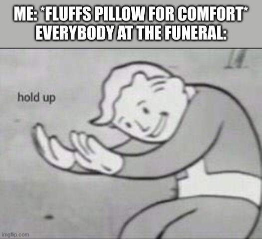 "I thought you were dead" | ME: *FLUFFS PILLOW FOR COMFORT*
EVERYBODY AT THE FUNERAL: | image tagged in fallout hold up,dead,funeral,memes | made w/ Imgflip meme maker