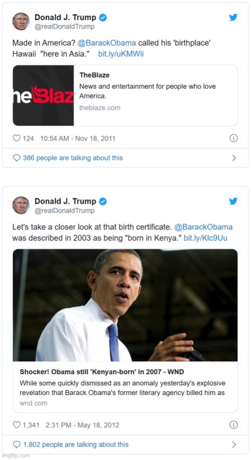 Donald Trump birtherism first two tweets | image tagged in donald trump birtherism first two tweets | made w/ Imgflip meme maker