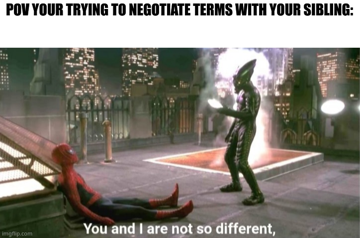 You and i are not so diffrent | POV YOUR TRYING TO NEGOTIATE TERMS WITH YOUR SIBLING: | image tagged in you and i are not so diffrent | made w/ Imgflip meme maker