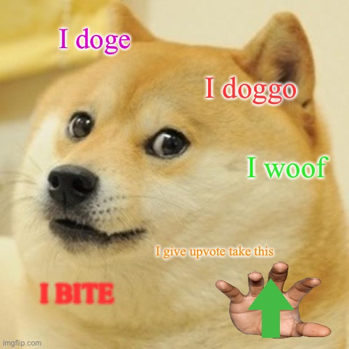 Meet doge |  I doge; I doggo; I woof; I give upvote take this; I BITE | image tagged in memes,doge | made w/ Imgflip meme maker