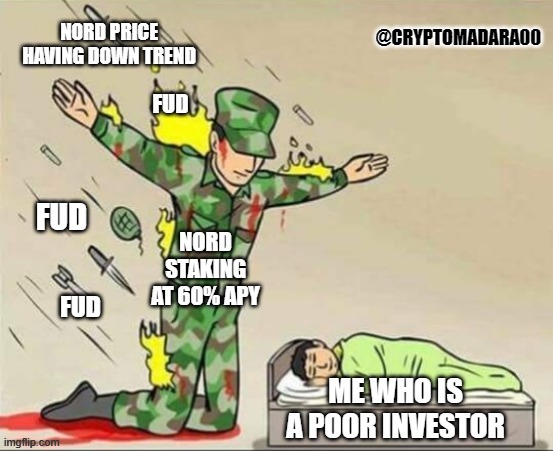 protected by staking | @CRYPTOMADARA00 | image tagged in soldier protecting sleeping child,memes,nord finance,decentralized finance,cryptocurrency,hodling | made w/ Imgflip meme maker