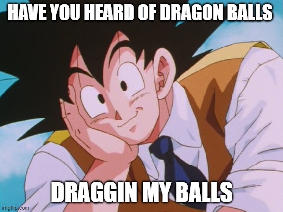 lol | HAVE YOU HEARD OF DRAGON BALLS; DRAGGIN MY BALLS | image tagged in memes,condescending goku | made w/ Imgflip meme maker