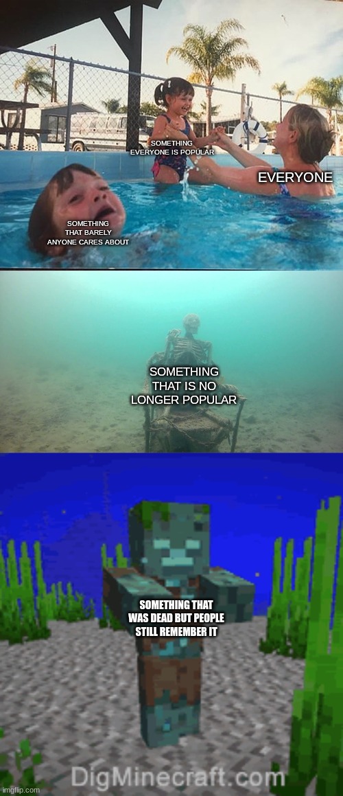 SOMETHING EVERYONE IS POPULAR; EVERYONE; SOMETHING THAT BARELY ANYONE CARES ABOUT; SOMETHING THAT IS NO LONGER POPULAR; SOMETHING THAT WAS DEAD BUT PEOPLE STILL REMEMBER IT | image tagged in mother ignoring kid drowning in a pool,minecraft | made w/ Imgflip meme maker