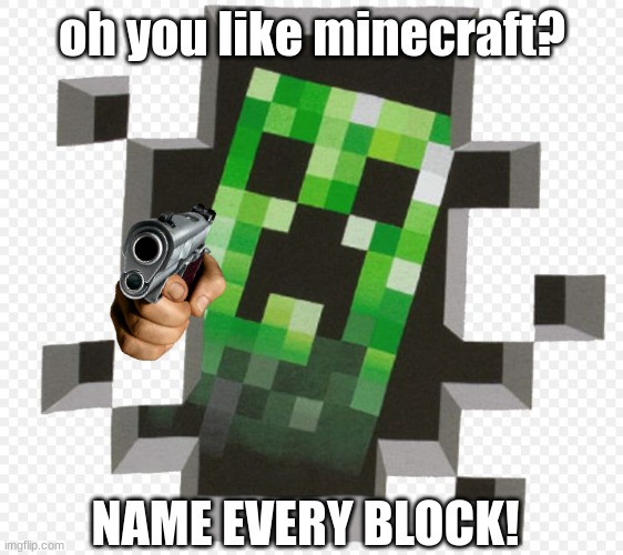 ill follow anyone who names a block in the comments | oh you like minecraft? NAME EVERY BLOCK! | image tagged in minecraft creeper | made w/ Imgflip meme maker