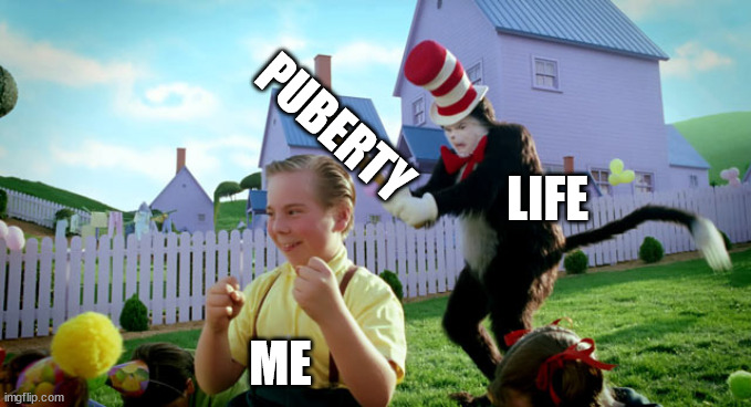 yes | PUBERTY; LIFE; ME | image tagged in cat in the hat with a bat ______ colorized | made w/ Imgflip meme maker