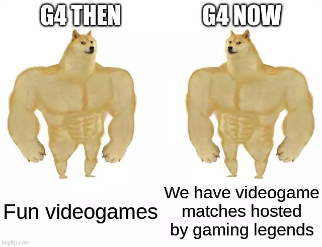 both, both r good | G4 THEN; G4 NOW; Fun videogames; We have videogame matches hosted by gaming legends | image tagged in buff doge vs buff doge | made w/ Imgflip meme maker