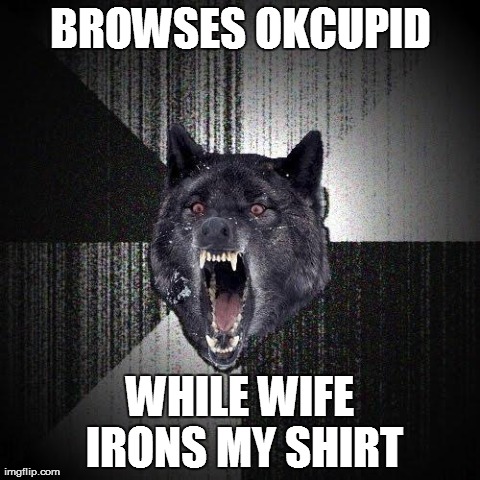 Insanity Wolf Meme | BROWSES OKCUPID WHILE WIFE IRONS MY SHIRT | image tagged in memes,insanity wolf | made w/ Imgflip meme maker