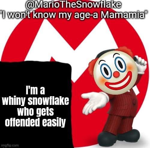 MarioTheSnowflake's Announcement temple (Gift by Sauce) | I'm a whiny snowflake who gets offended easily | image tagged in mariothesnowflake's announcement temple gift by sauce | made w/ Imgflip meme maker