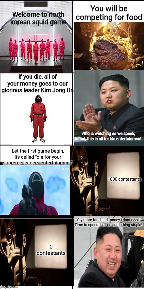Blank 8 square panel template |  You will be competing for food; Welcome to north korean squid game; If you die, all of your money goes to our glorious leader Kim Jong Un; Who is watching as we speak, infact, this is all for his entertainment; Let the first game begin, its called "die for your supreme leaders entertainment"; 1000 contestants; Yay more food and money I dont need! Time to spend it all on something stupid! 0 contestants | image tagged in blank 8 square panel template,kim jong un,north korea,squid game | made w/ Imgflip meme maker