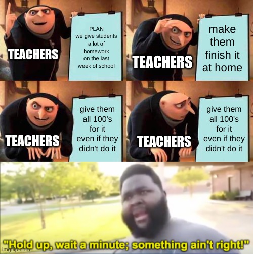 something aint right | PLAN
we give students a lot of homework on the last week of school; make them finish it at home; TEACHERS; TEACHERS; give them all 100's for it even if they didn't do it; give them all 100's for it even if they didn't do it; TEACHERS; TEACHERS | image tagged in memes,gru's plan,hold up wait a minute something aint right | made w/ Imgflip meme maker