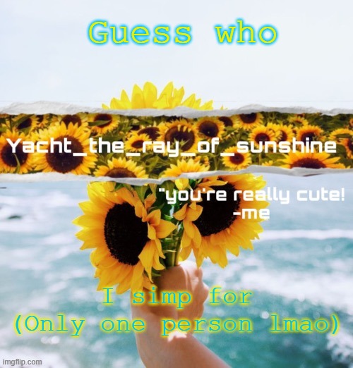 yacht's sunflower temp (THANK YOU SUGA) | Guess who; I simp for (Only one person lmao) | image tagged in yacht's sunflower temp thank you suga | made w/ Imgflip meme maker